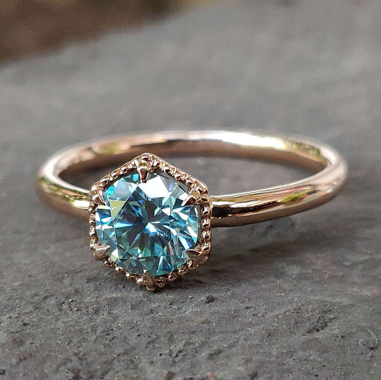Hexagon Engagement Ring bezel milgrain Set Round Cut Moissanite