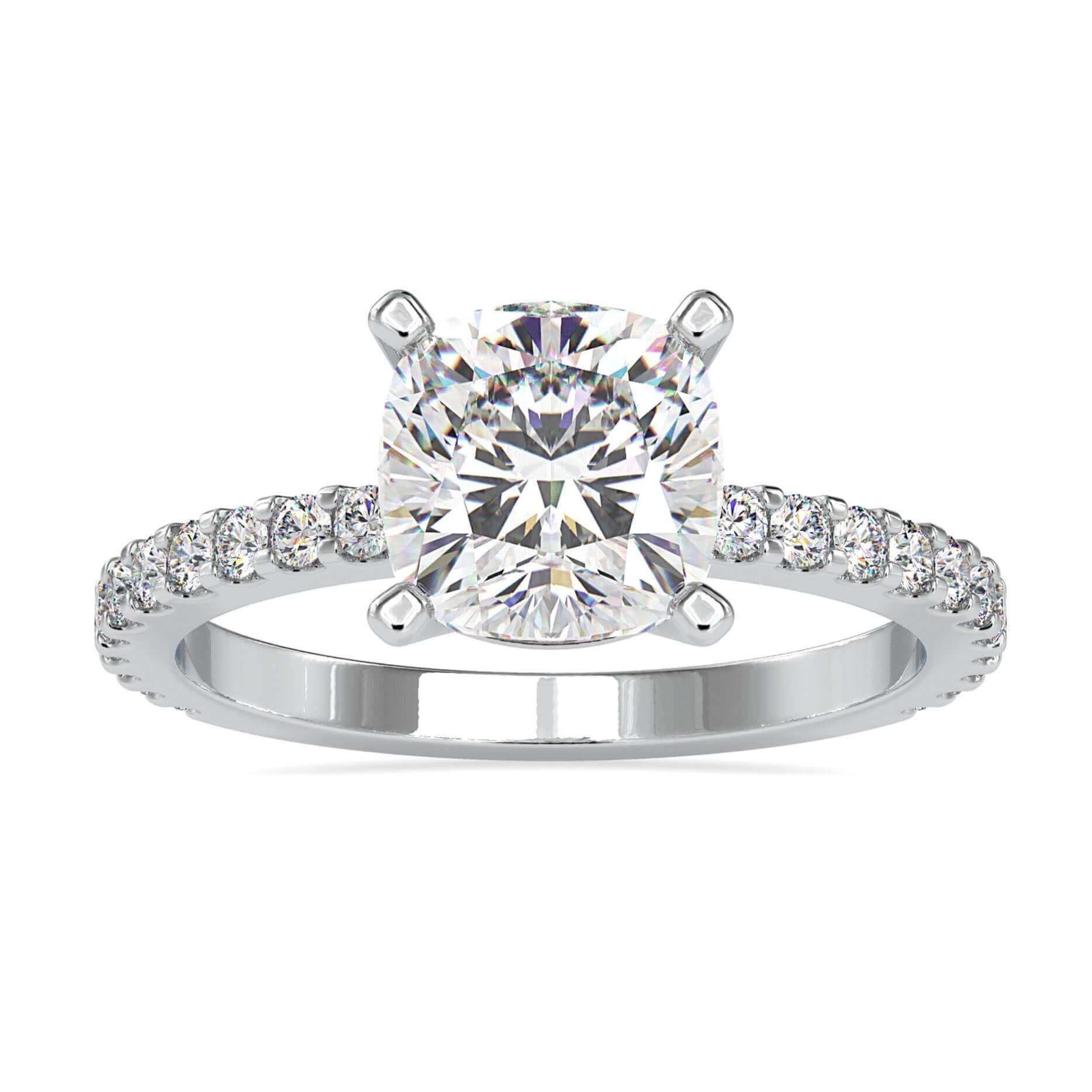 Buy engagement ring with cushion and round cut diamonds.
