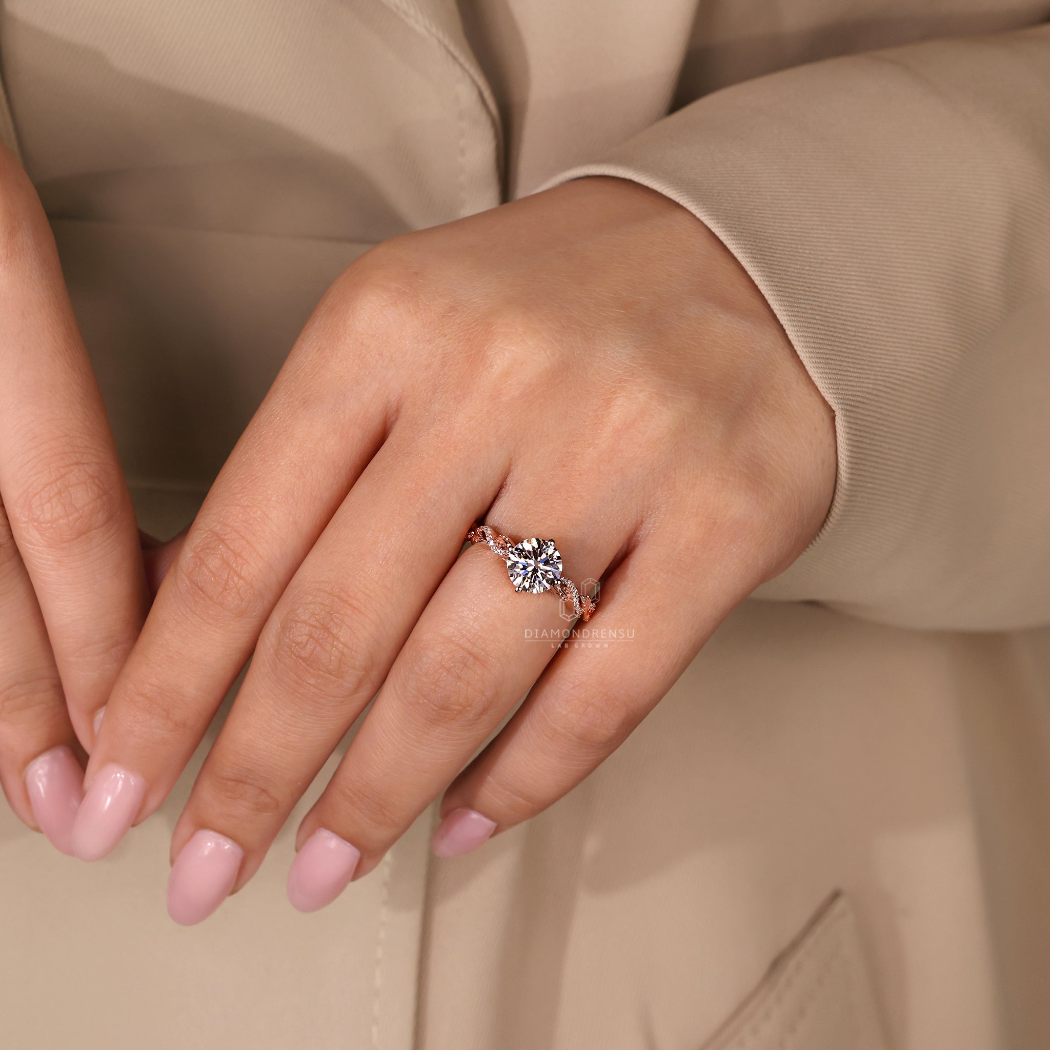 Round diamond ring in twisted pave ring style