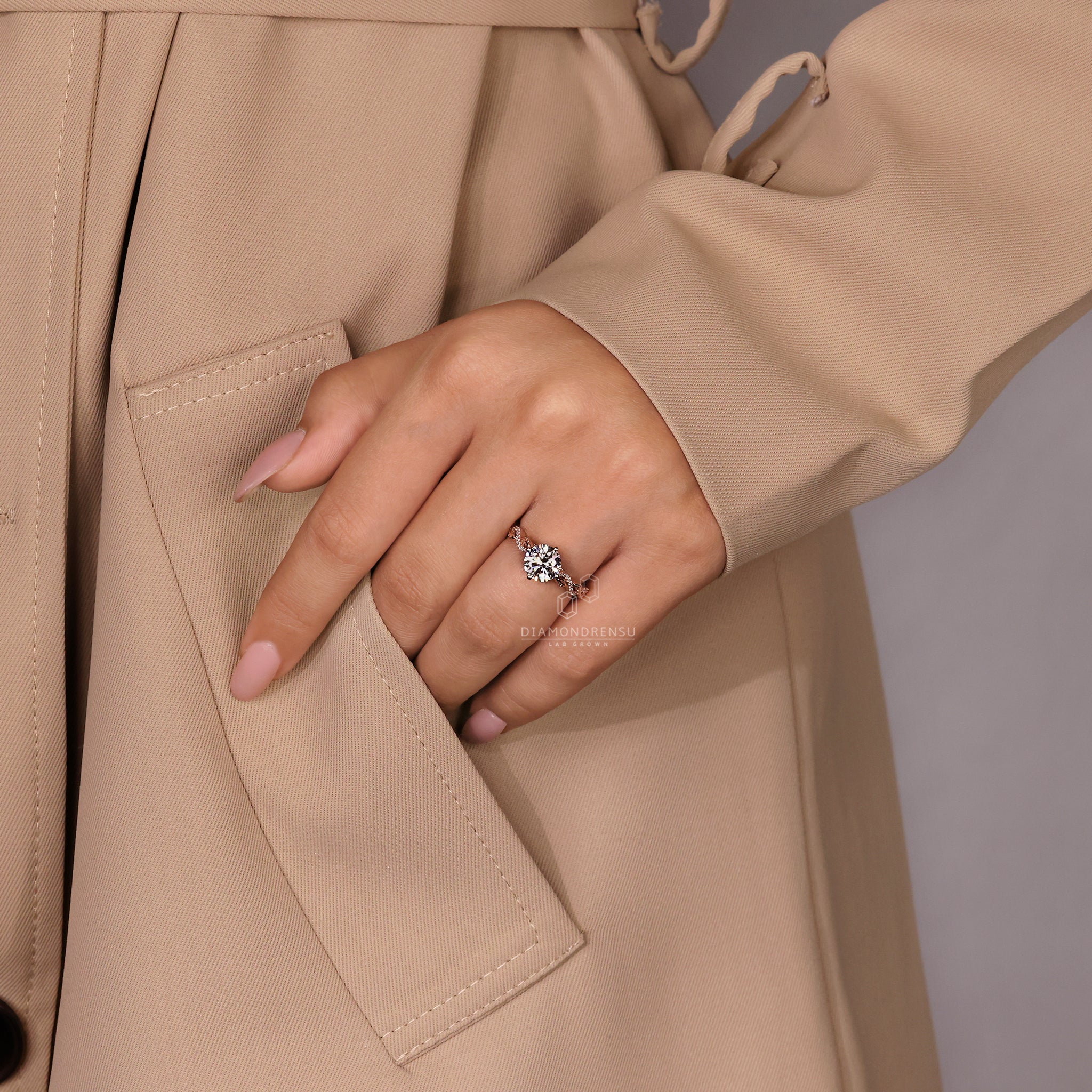 Nature inspired engagement ring with twisted pave engagement ring