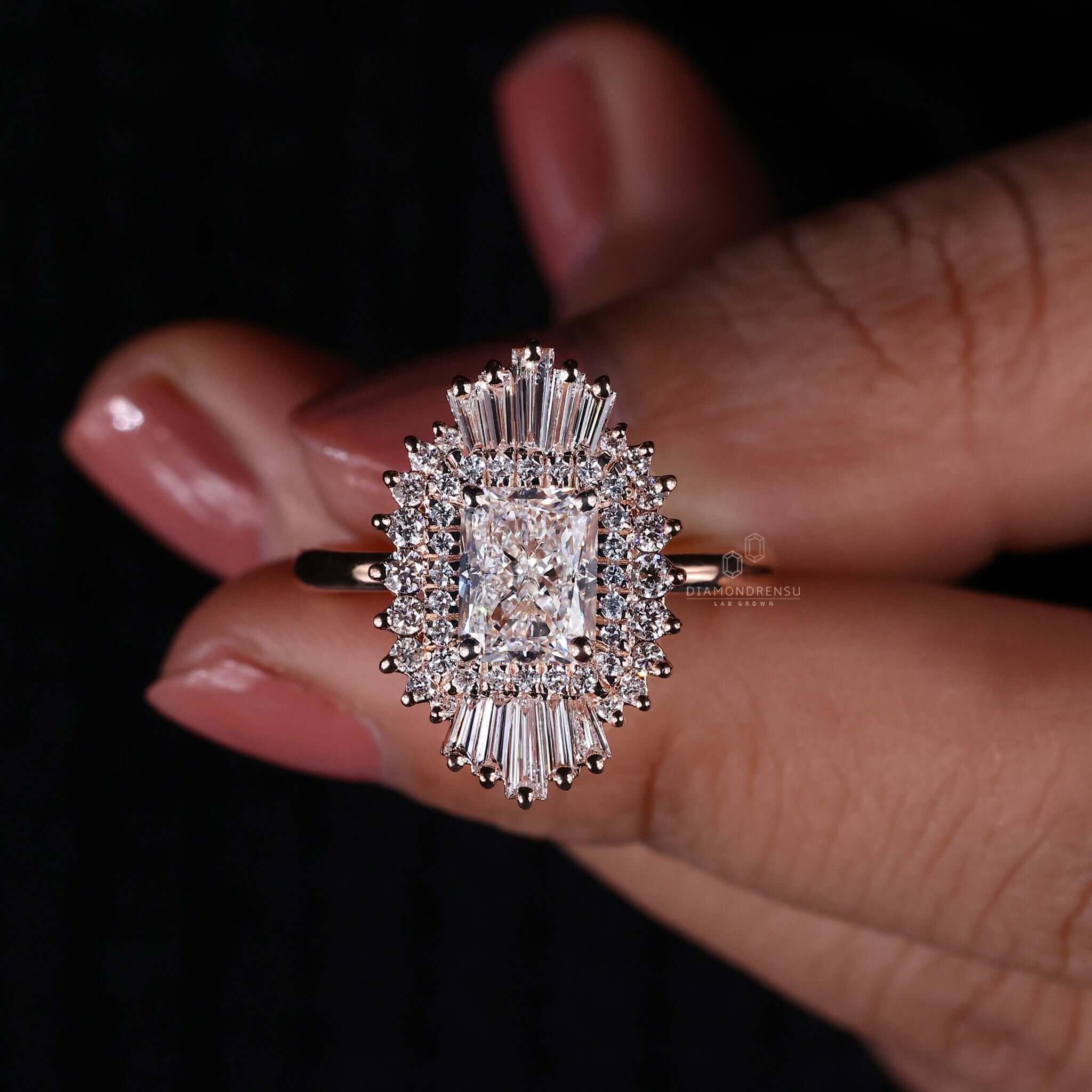 Side stone engagement ring with radiant cut diamonds for a luxurious look