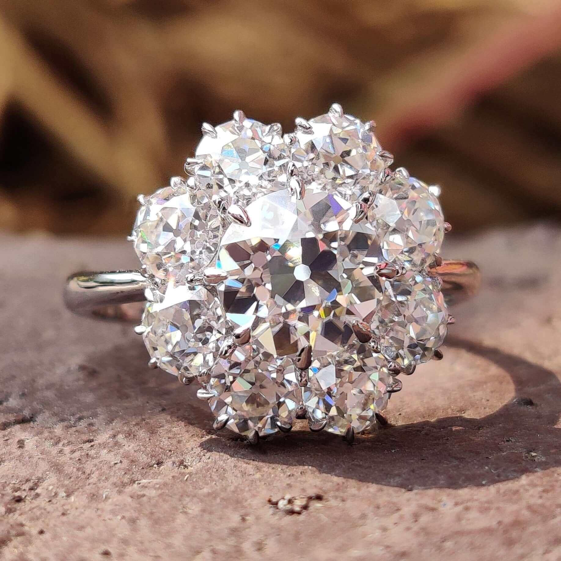 Old European cut moissanite ring in white gold.