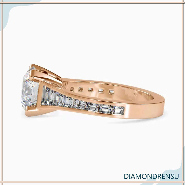 trapezium cut pave band in rose gold with round centre diamond.