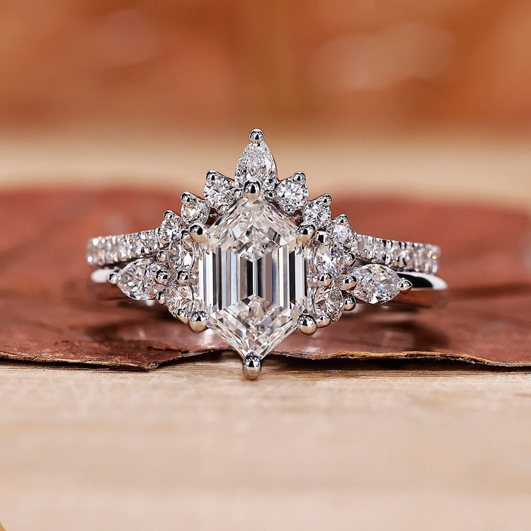 White gold bridal set with hexagon engagement ring with wedding band.