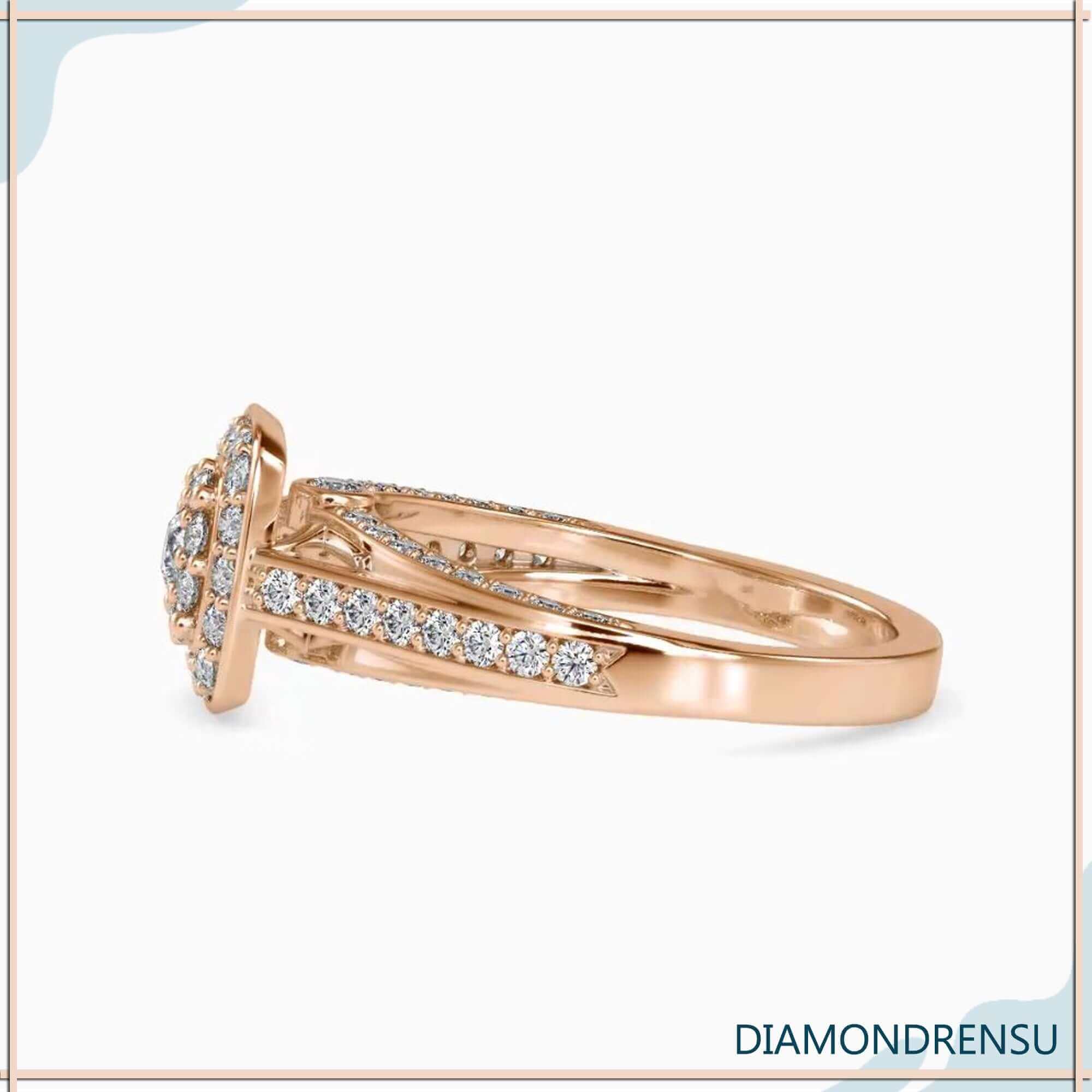 Simple diamond ring with round cut and double halo.
