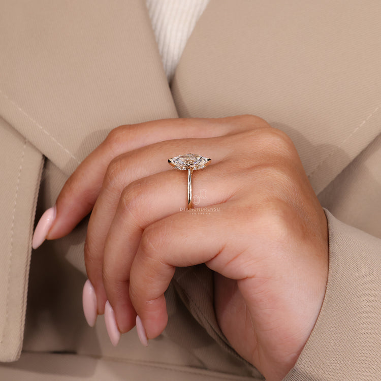 Lab grown diamond ring set with round cut hidden halo.