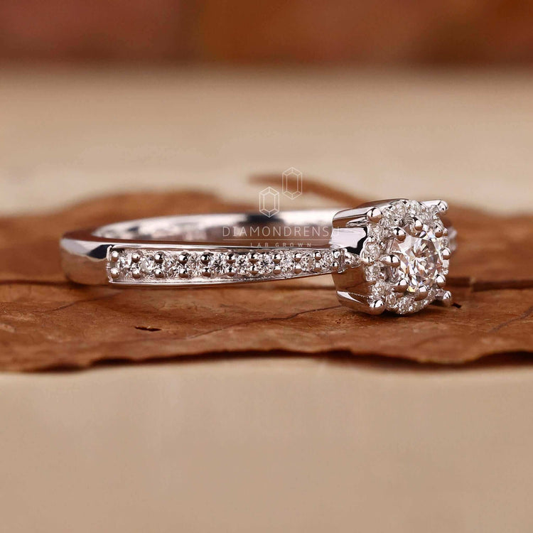 Round halo diamond ring with a pave diamond ring setting, a stunning choice for engagement ring for women.