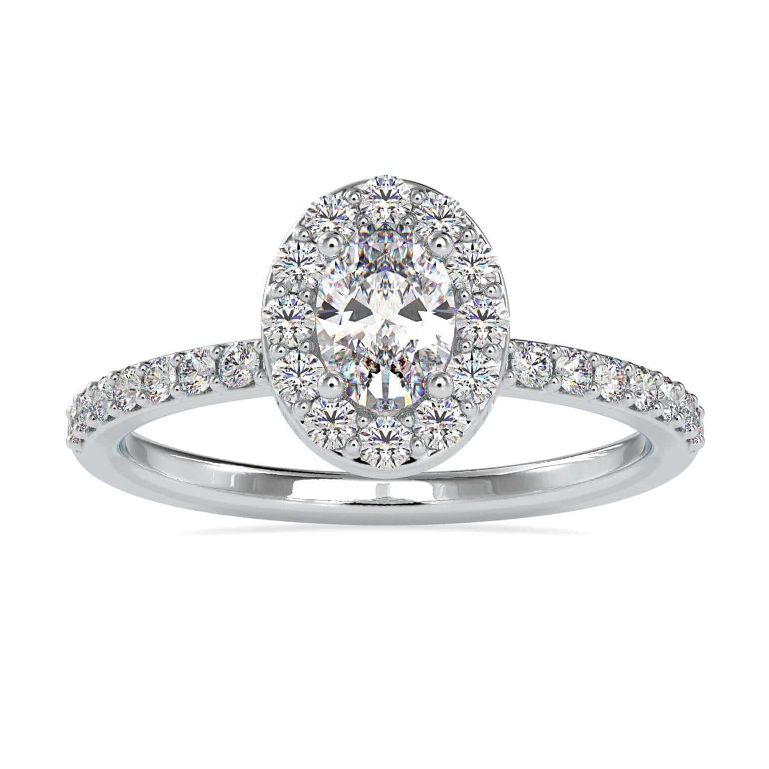 Oval diamond engagement ring in white gold with round prong setting.