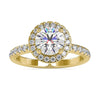 Lab grown diamond ring with round cut halo setting.