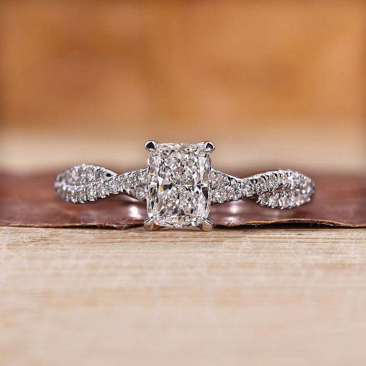 Elongated cushion cut diamond ring in white gold