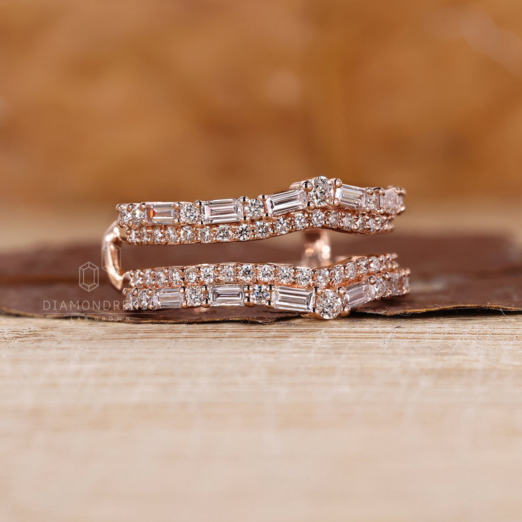 Double row pave band designed as a ring enhancer.