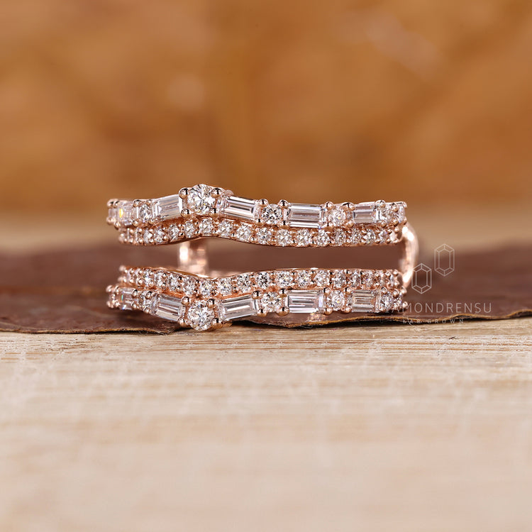 Rose gold wedding band with curved double row design.