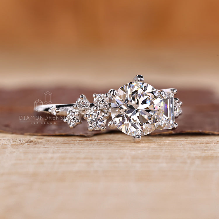 Designer engagement ring with unique cluster layout.