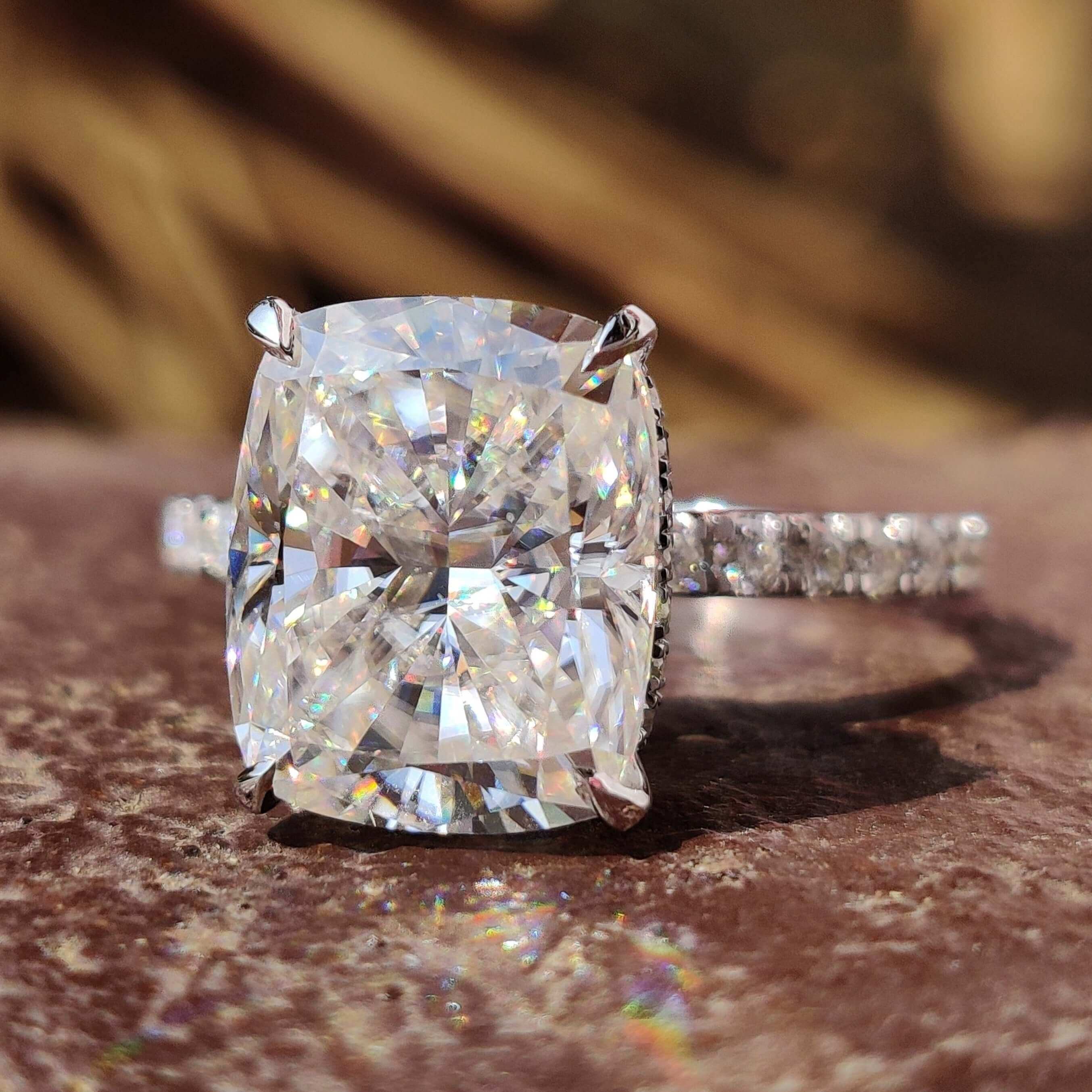 Elegant Elongated Cushion Cut Engagement Ring with a brilliant moissanite centre stone.