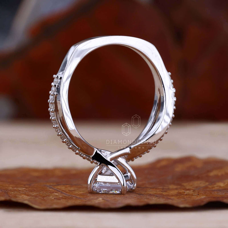 Twisted pave ring in white gold for a unique engagement look.