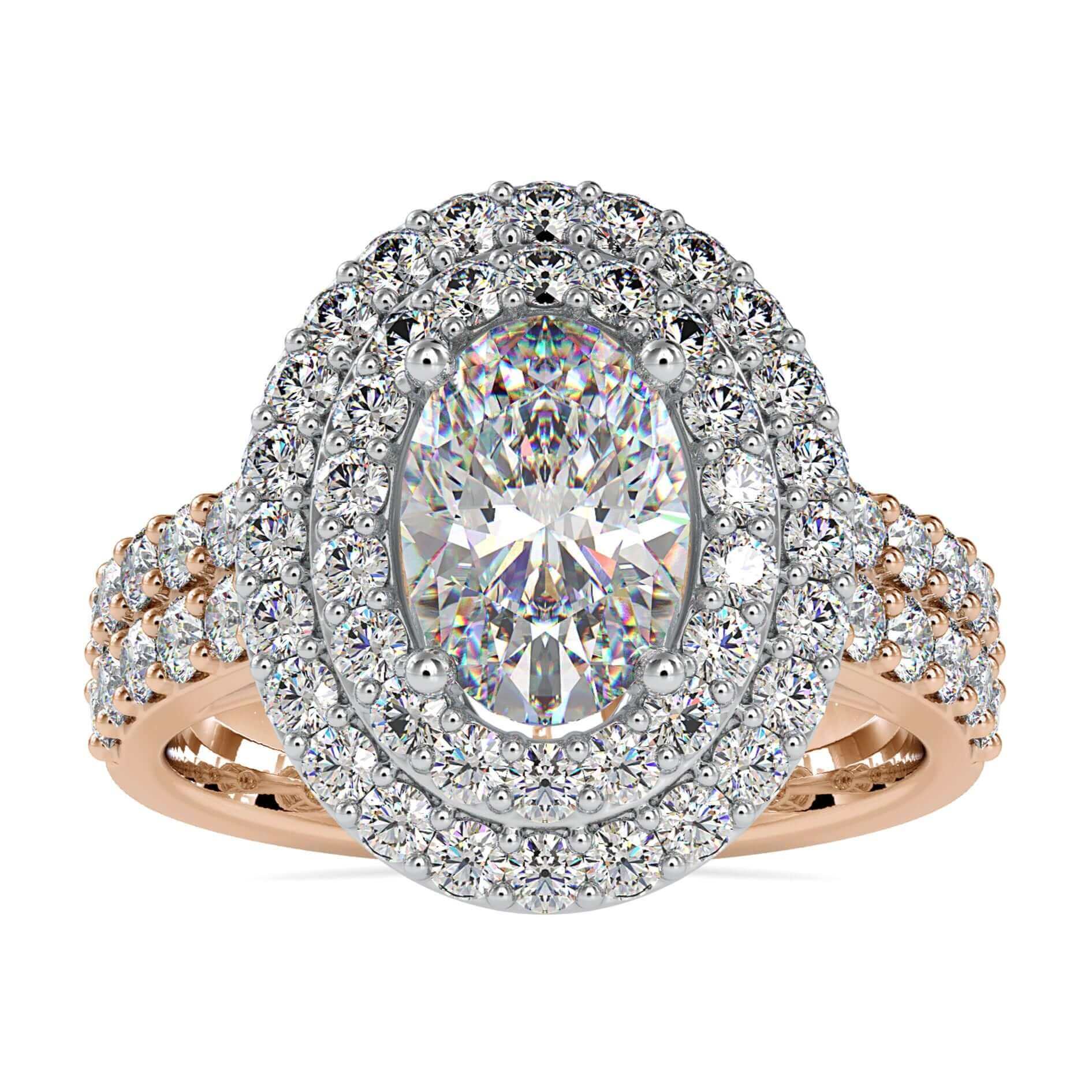 Double halo oval diamond ring with round side stones in white gold.