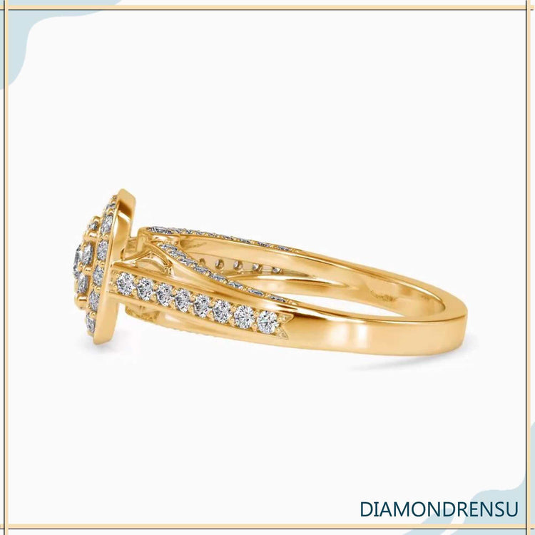 Diamondrensu UK ring with double halo and split shank.