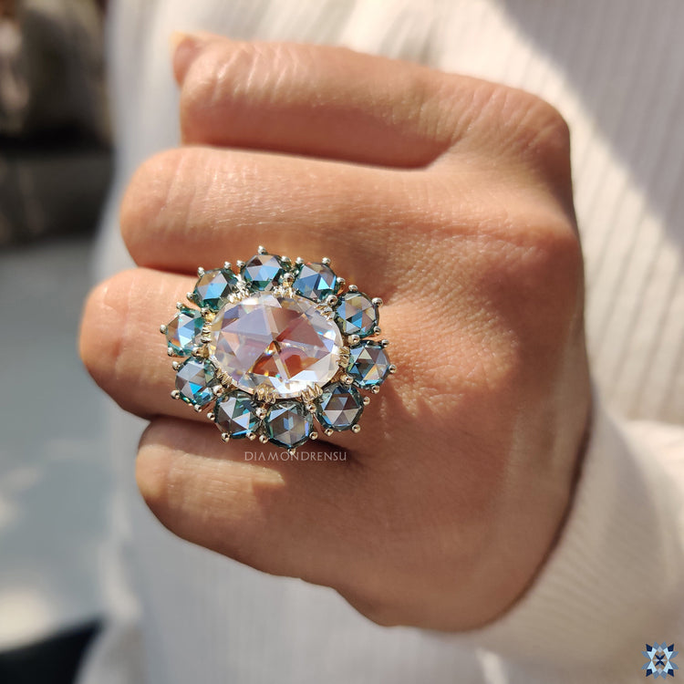 Round rose cut engagement ring with triple prong ring