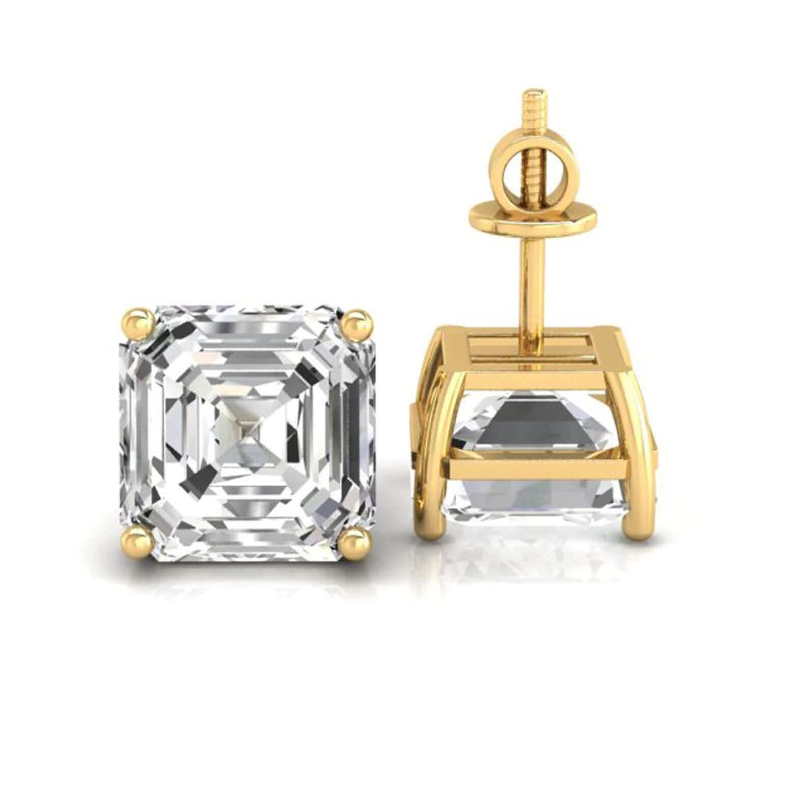 Asscher cut diamond earrings in white gold setting.