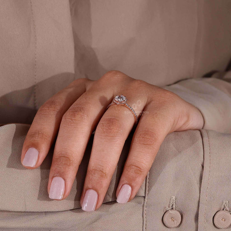 1 carat diamond ring with a rose gold diamond ring finish, perfect for a modern yet classic engagement style.
