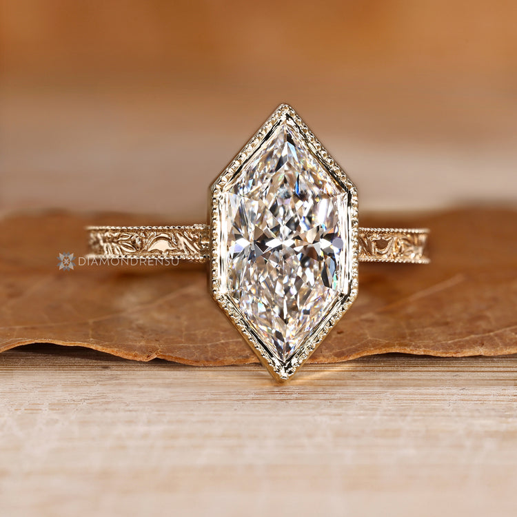 Lab grown diamond ring with milgrain details.