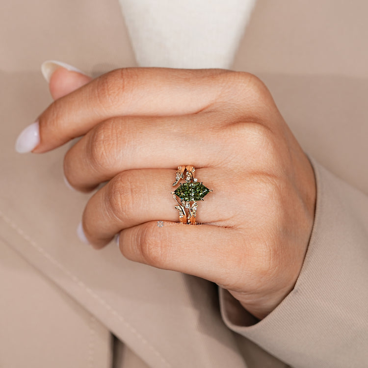 Green Dutch Marquise Diamond Ring And Wedding Band In Split Shank
