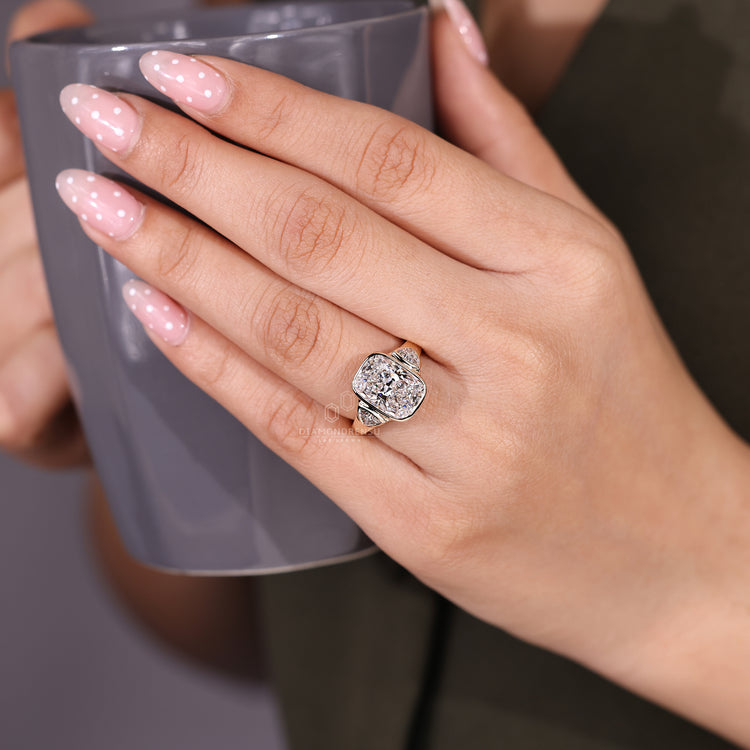Lab grown diamond ring with three stone design.