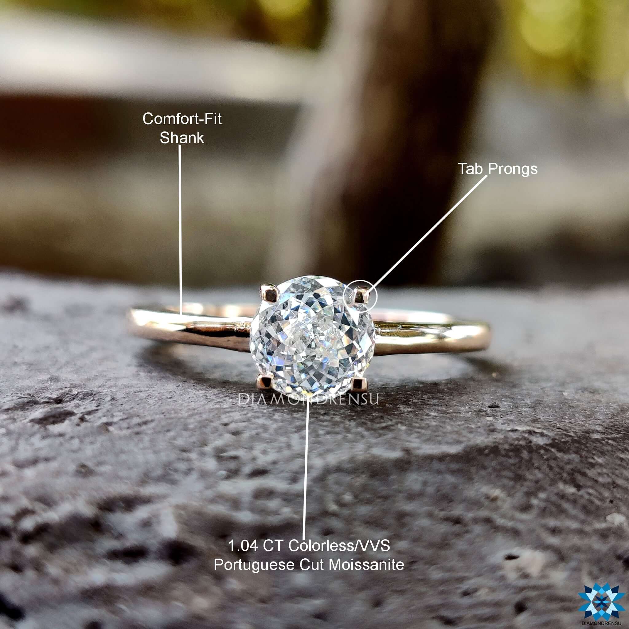 Moissanite engagement ring with 4 prong setting.