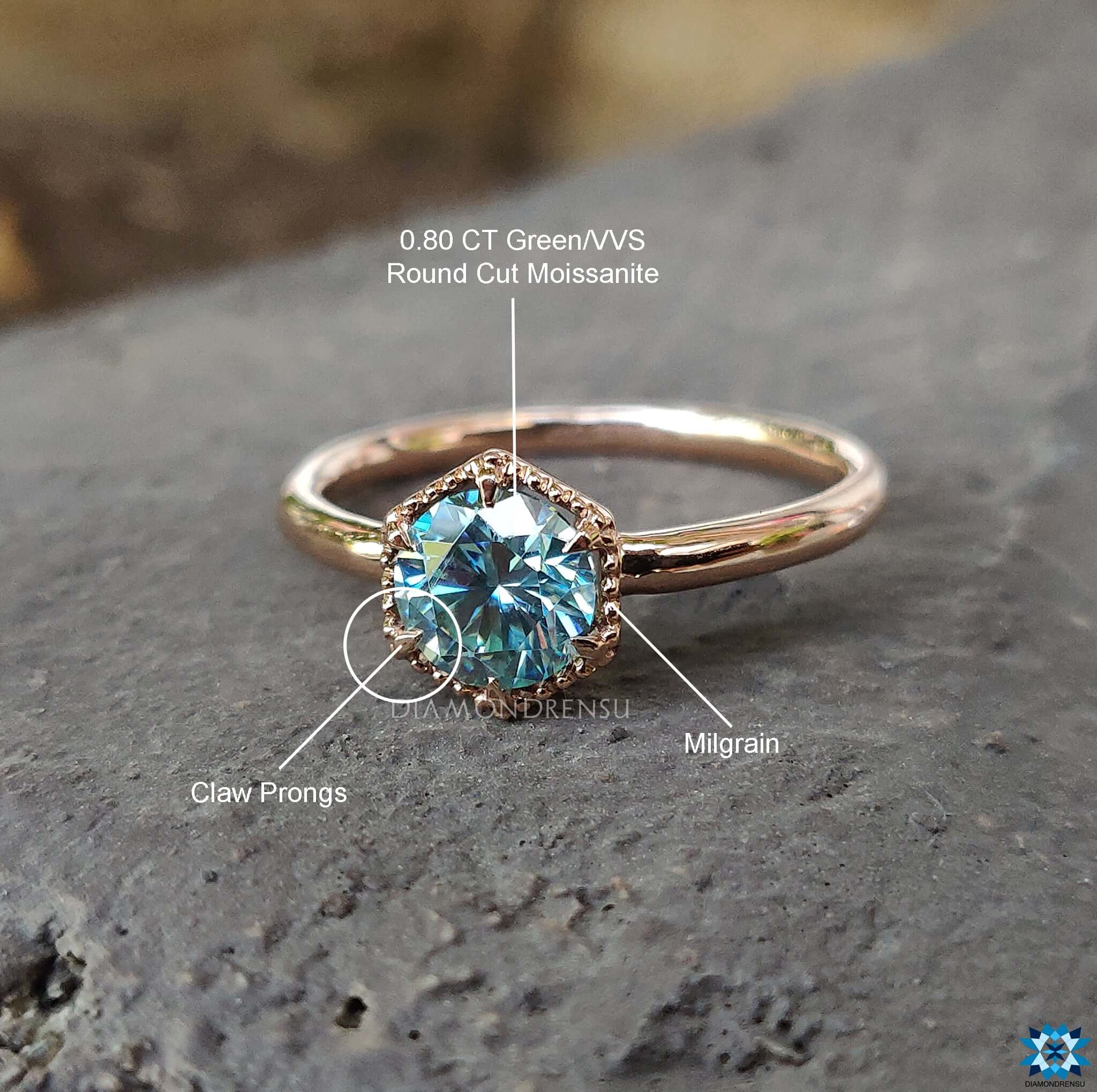 green blue moissanite Rose Gold Moissanite Ring handmade jewelry