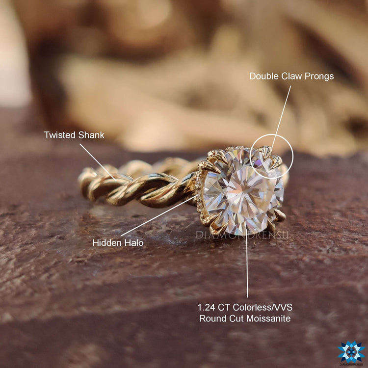 Hidden Halo Engagement Ring with Double Claw Prong and Round Cut Moissanite