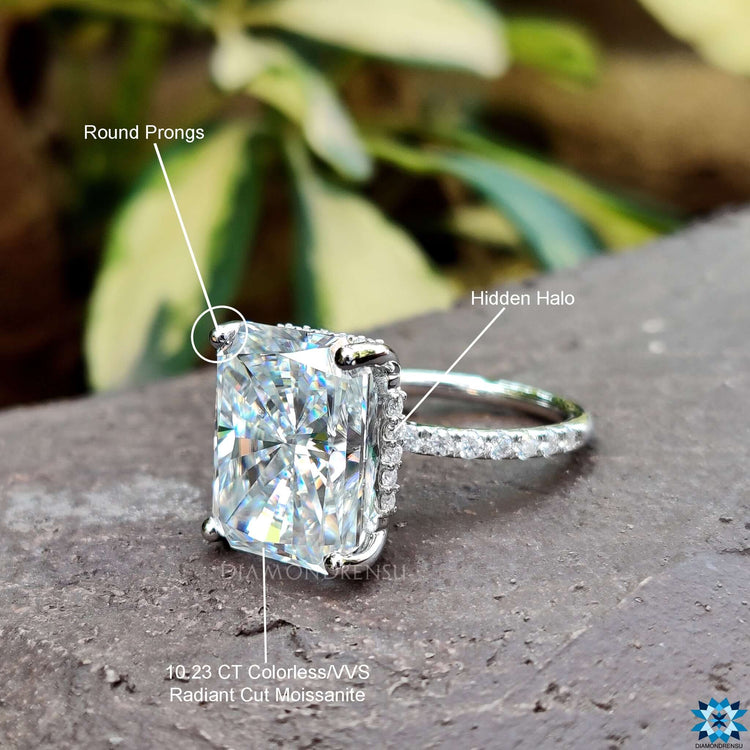 Handmade jewelry featuring elongated radiant cut moissanite.