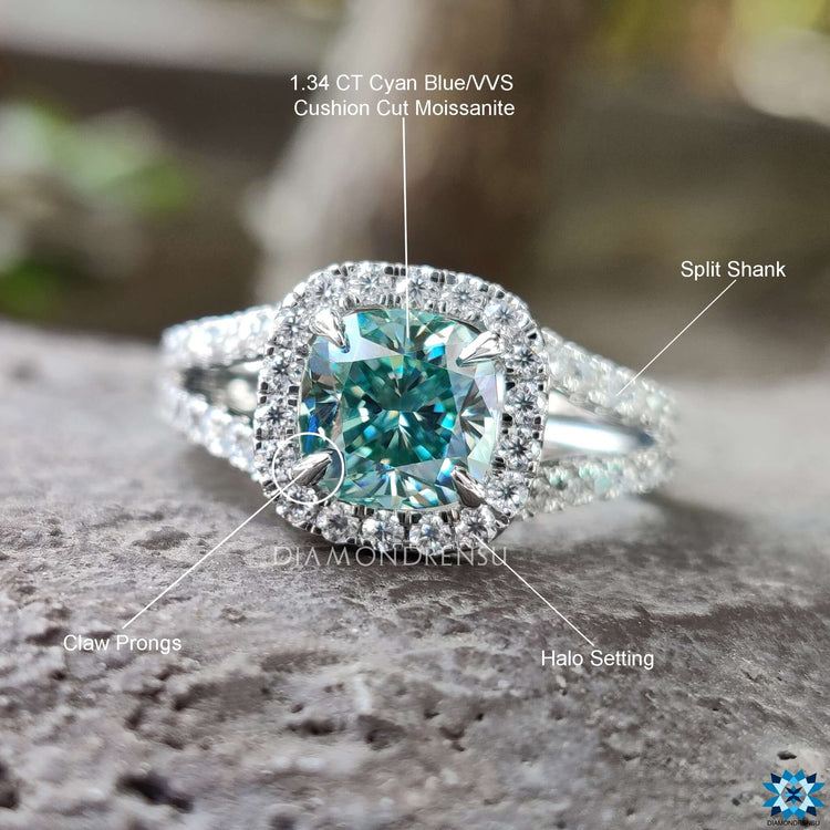 Handmade moissanite engagement ring in white gold.