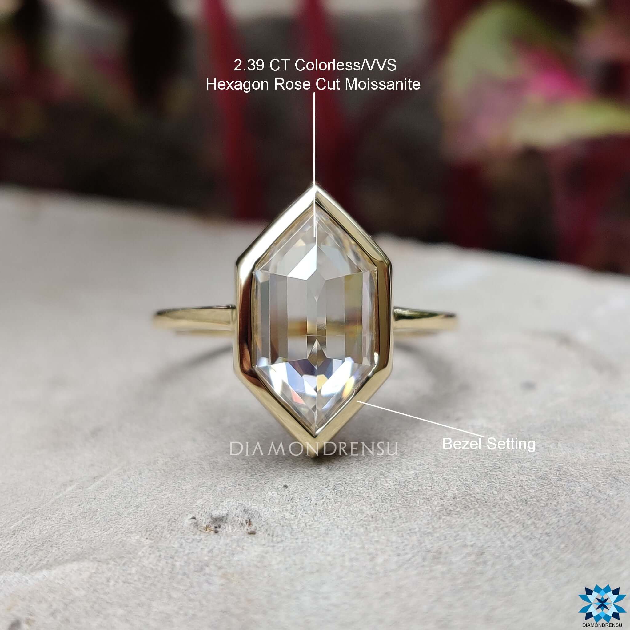 Elegant moissanite solitaire ring with hexagon cut design.
