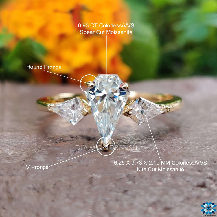 Buy moissanite ring with kite cut accents.