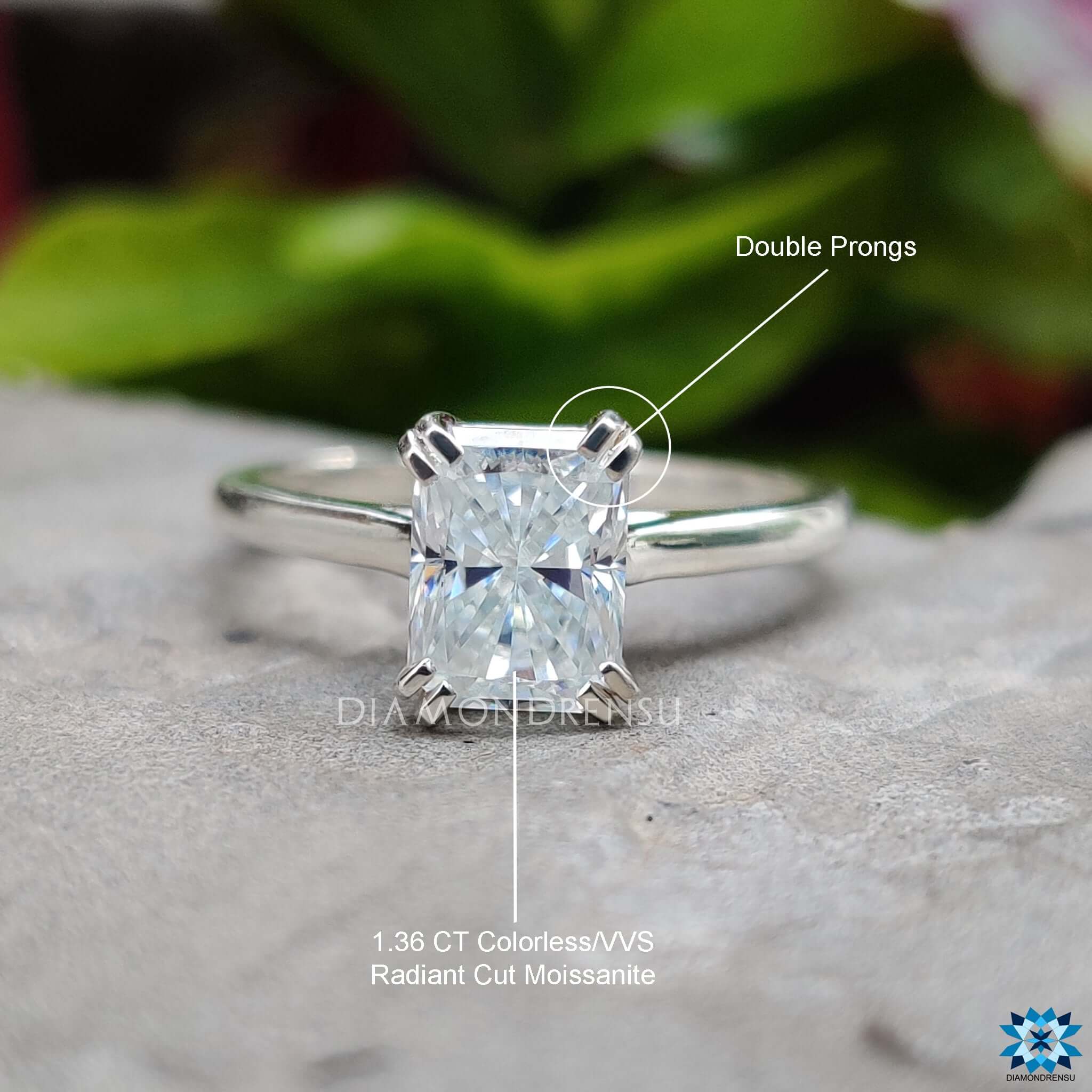 Handmade jewelry with radiant moissanite in cathedral setting.