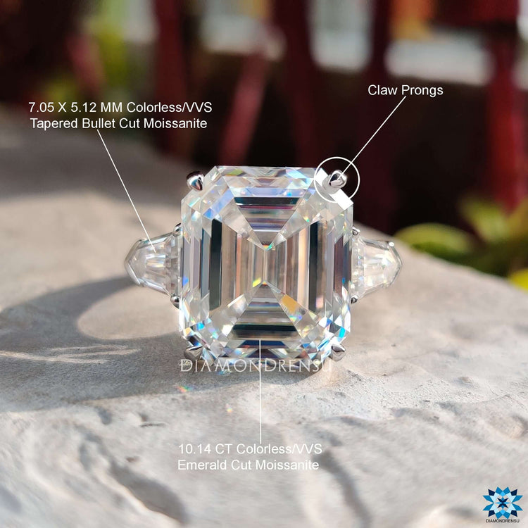White gold claw prong ring with three moissanite stones.
