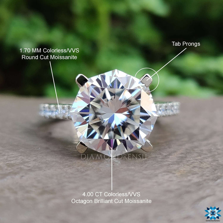 Pave set moissanite ring with unique octagon cut stone.