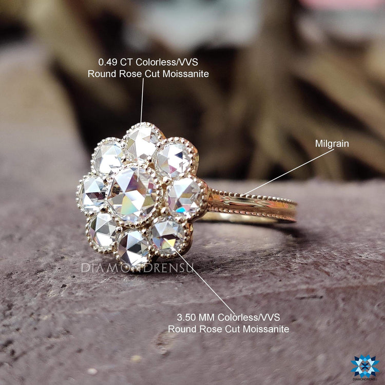 Round rose cut moissanite ring with antique styling.