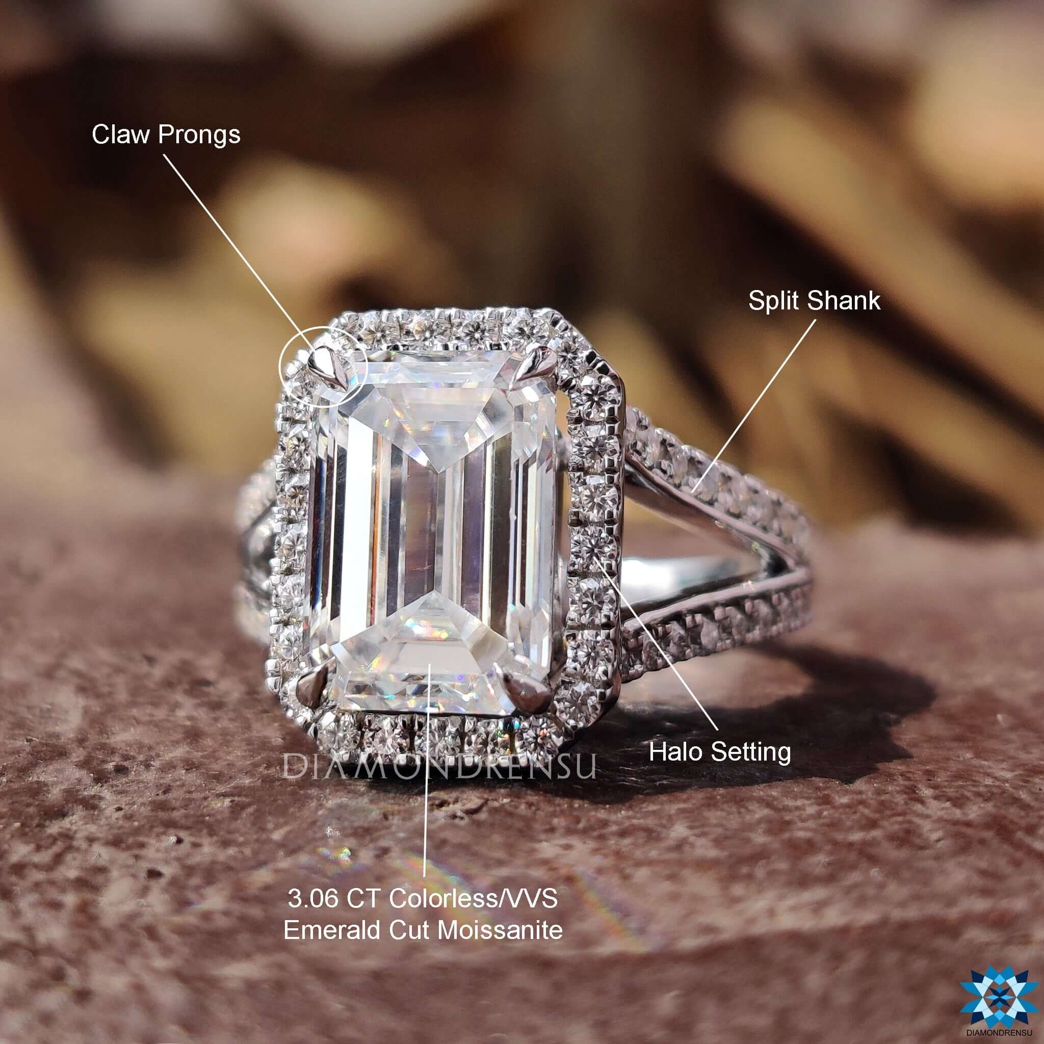 Pave set split shank ring with moissanite halo.