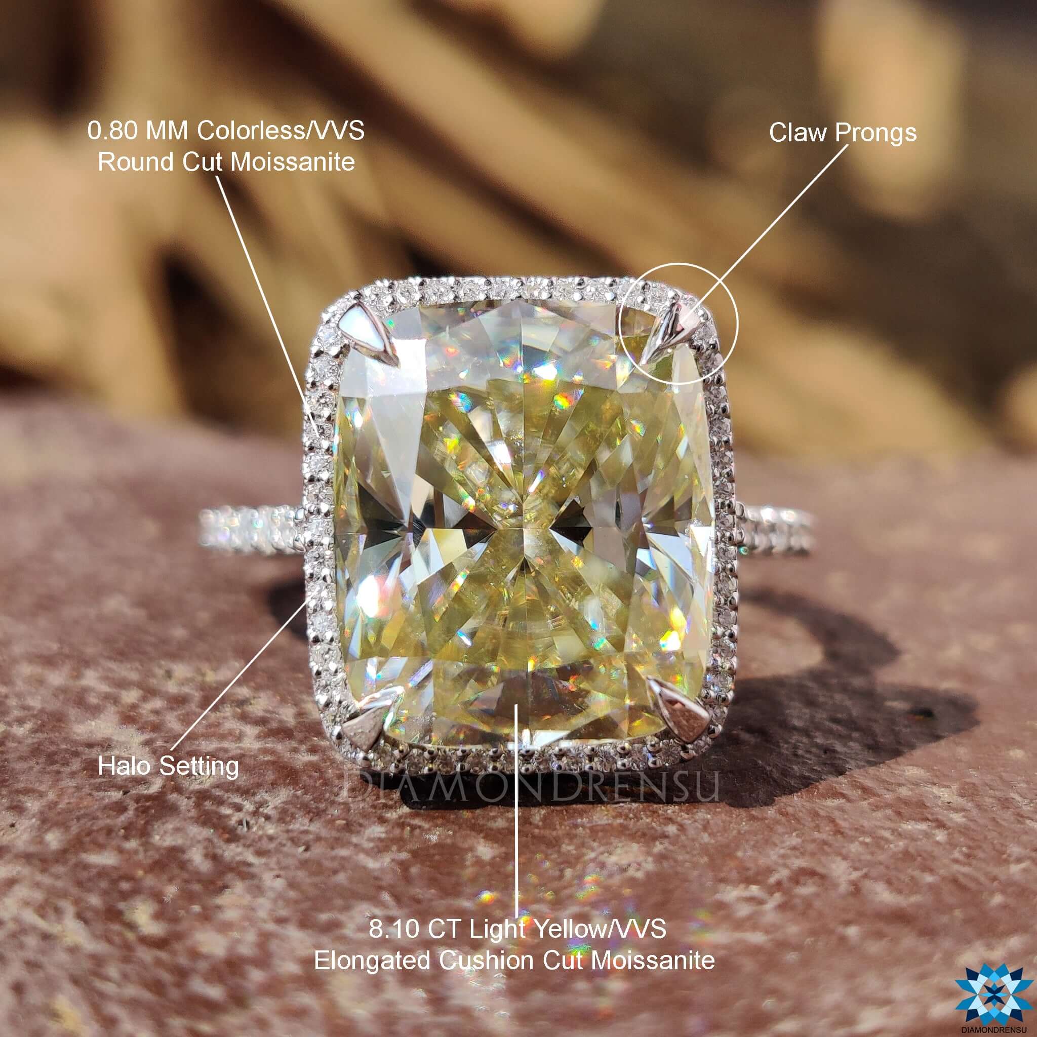 Cushion halo engagement ring with pave diamonds.