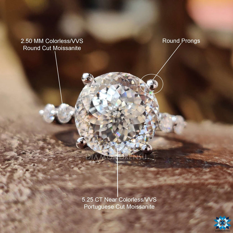 Buy moissanite engagement ring in Portuguese cut with white gold band.