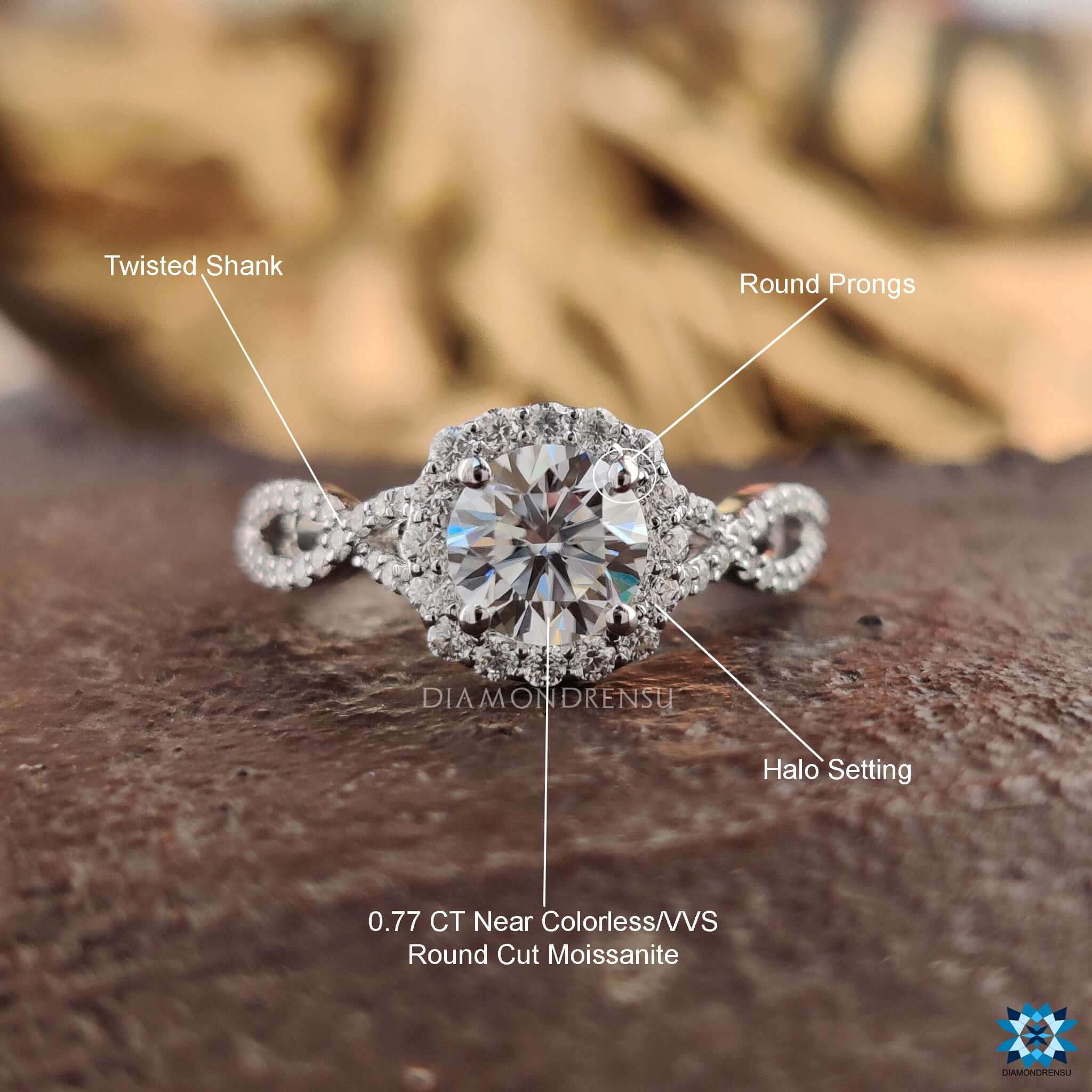 Diamondrensu UK twisted pave moissanite engagement ring.