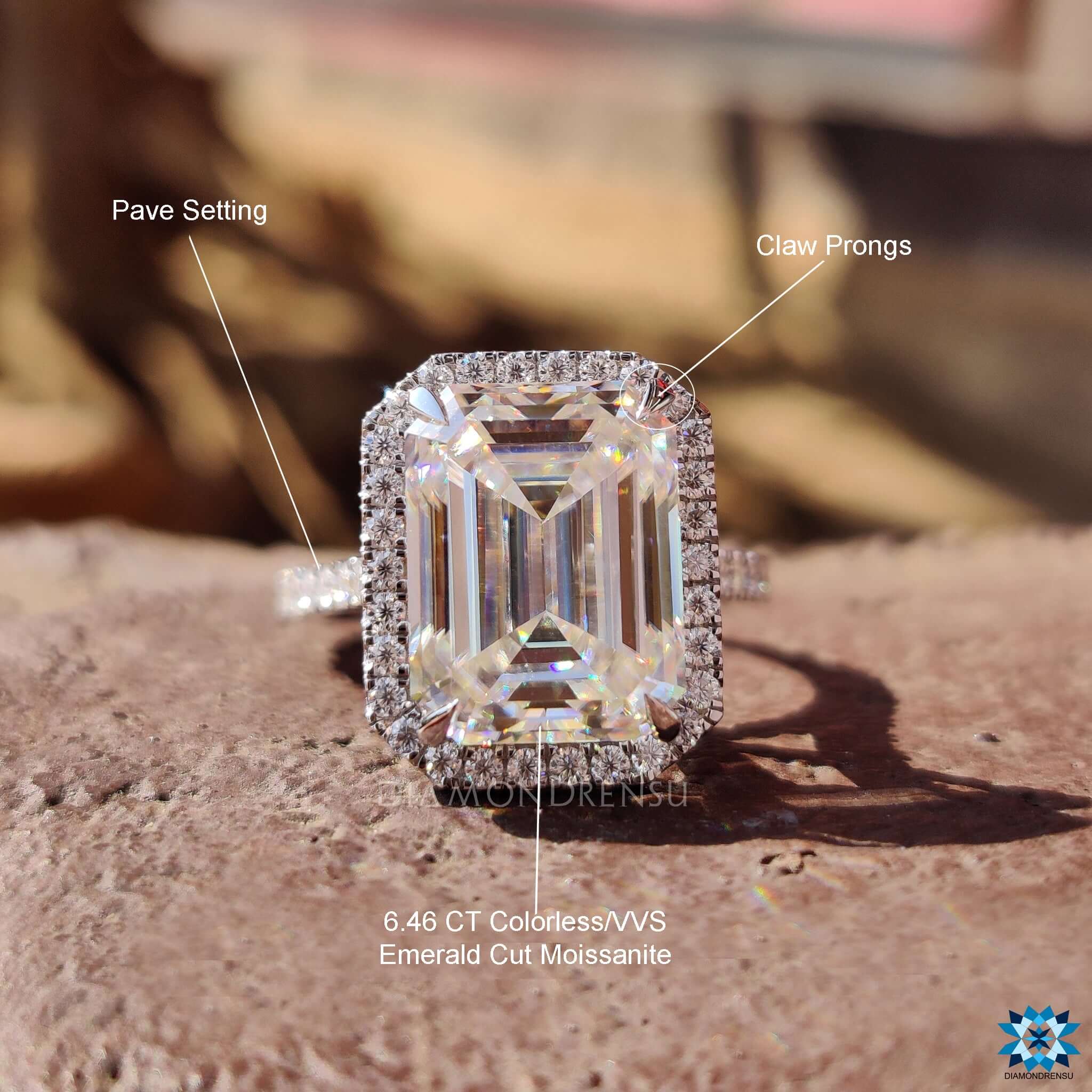 Pave setting engagement ring with emerald cut moissanite.