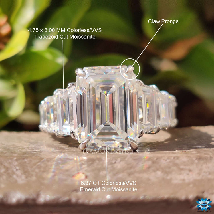 Diamondrensu UK engagement ring with pave band and emerald moissanite.