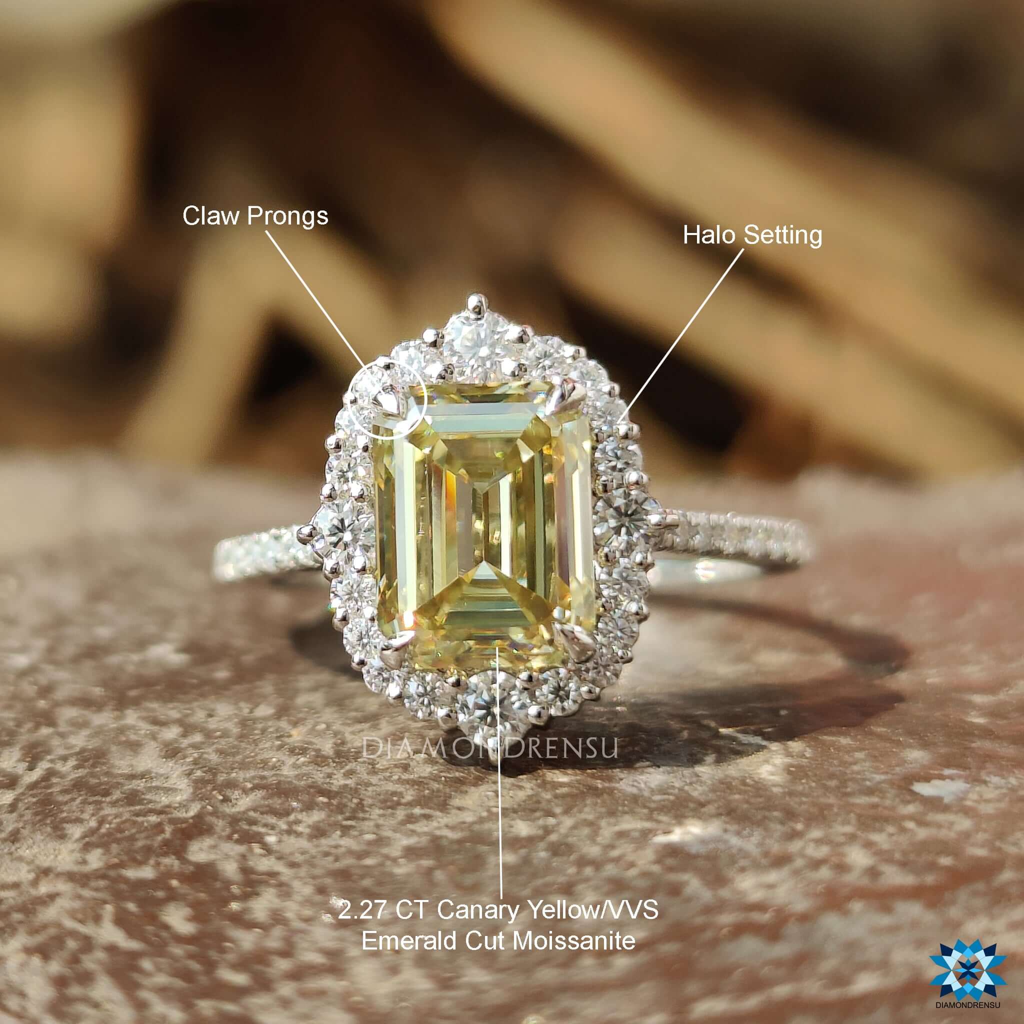 Engagement ring with canary moissanite and prong mount.
