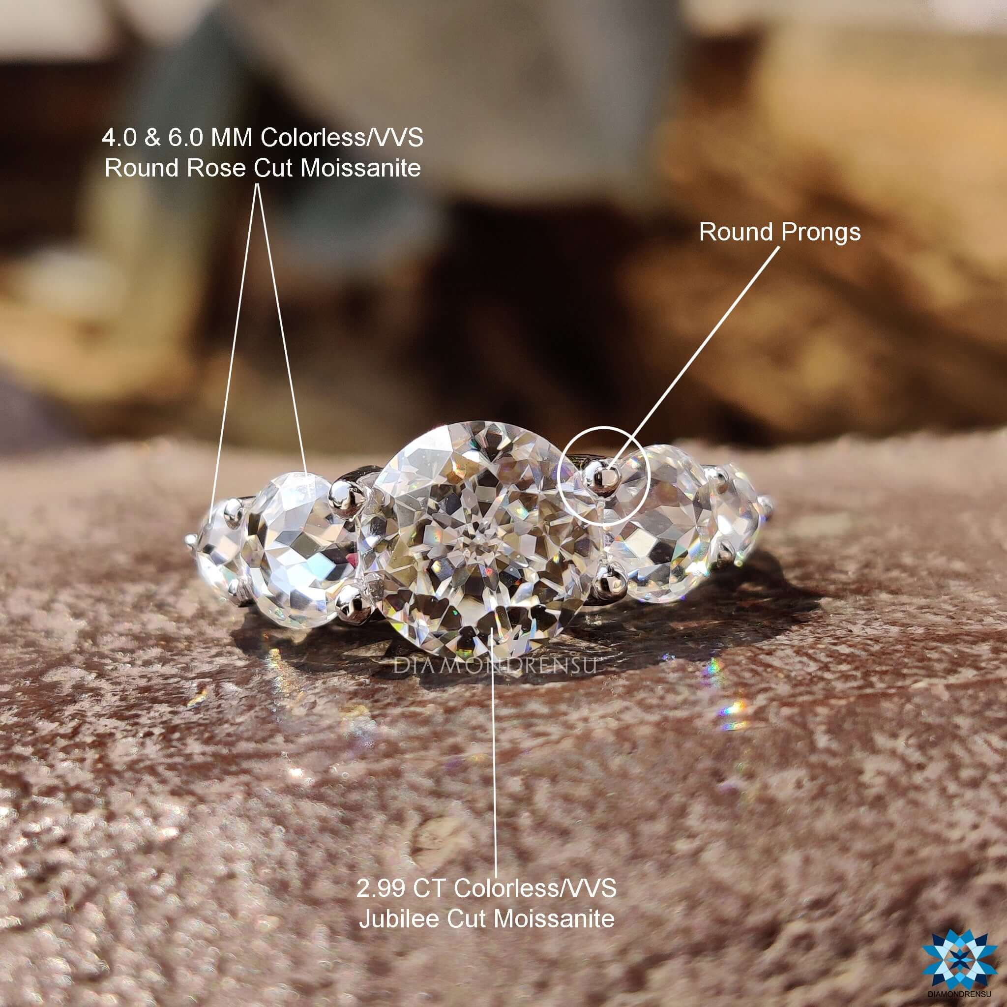 Round rose cut side stones surrounding jubilee cut center stone.