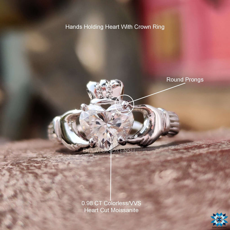 White gold ring with handmade Claddagh design.