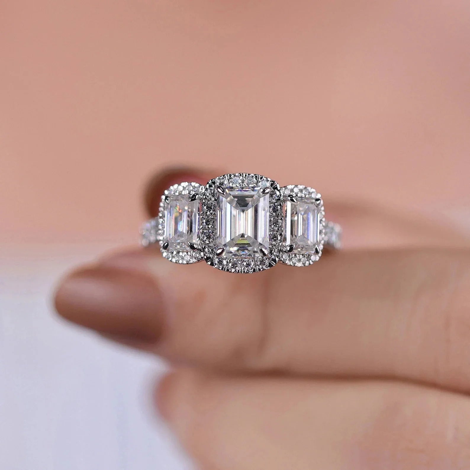 Three Stone Emerald Cut Engagement Ring