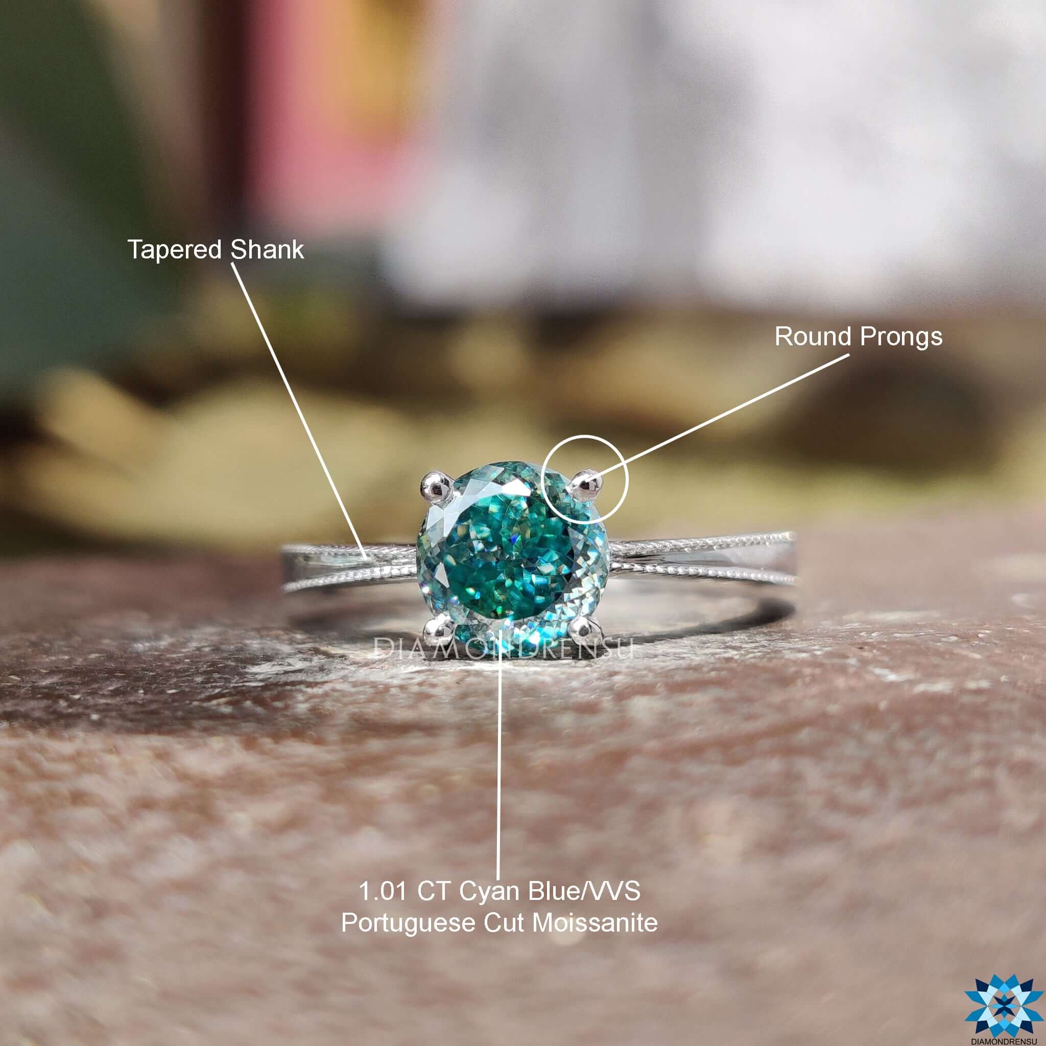 Tapered shank band on white gold ring.