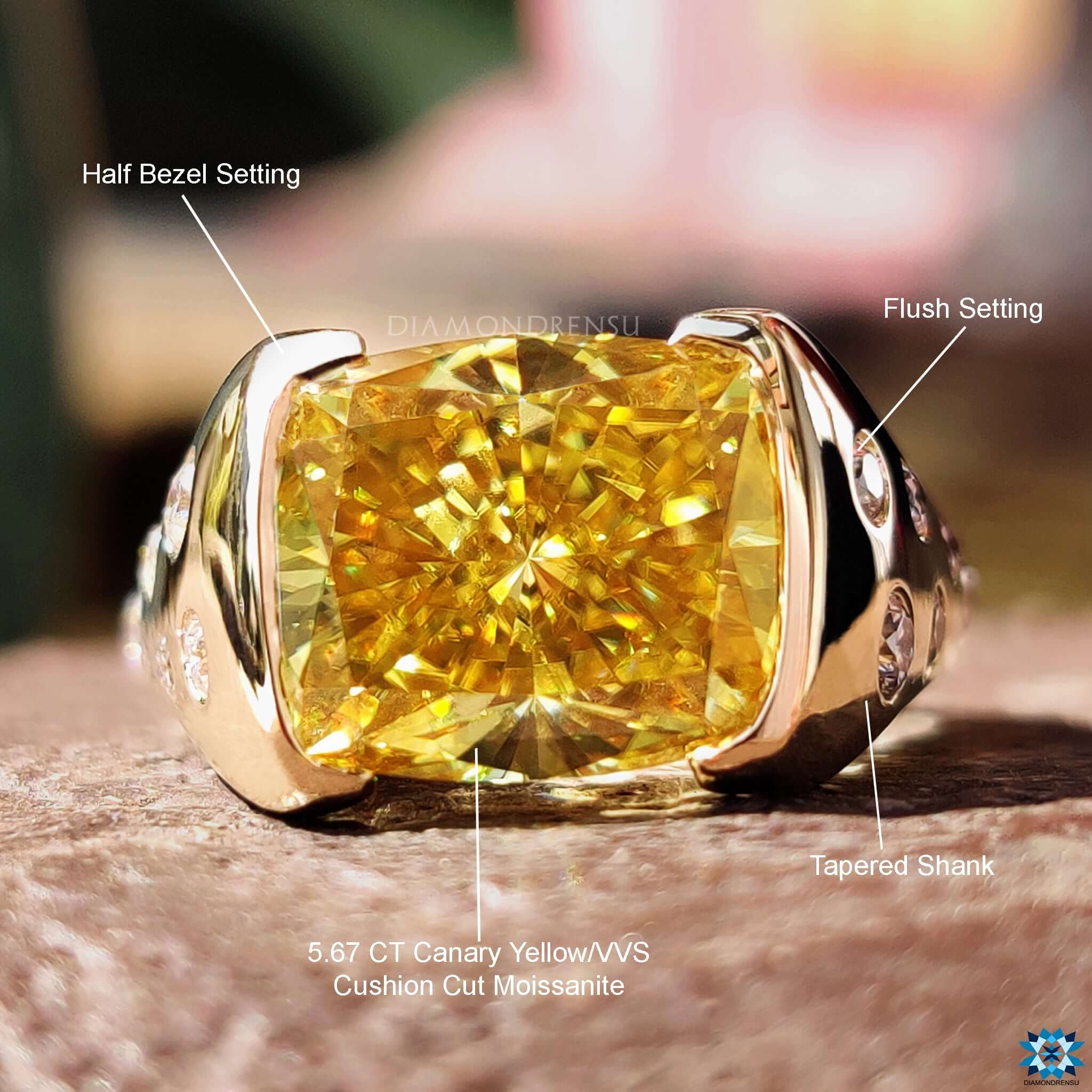 Yellow gold engagement ring with vibrant canary moissanite in flush mount.